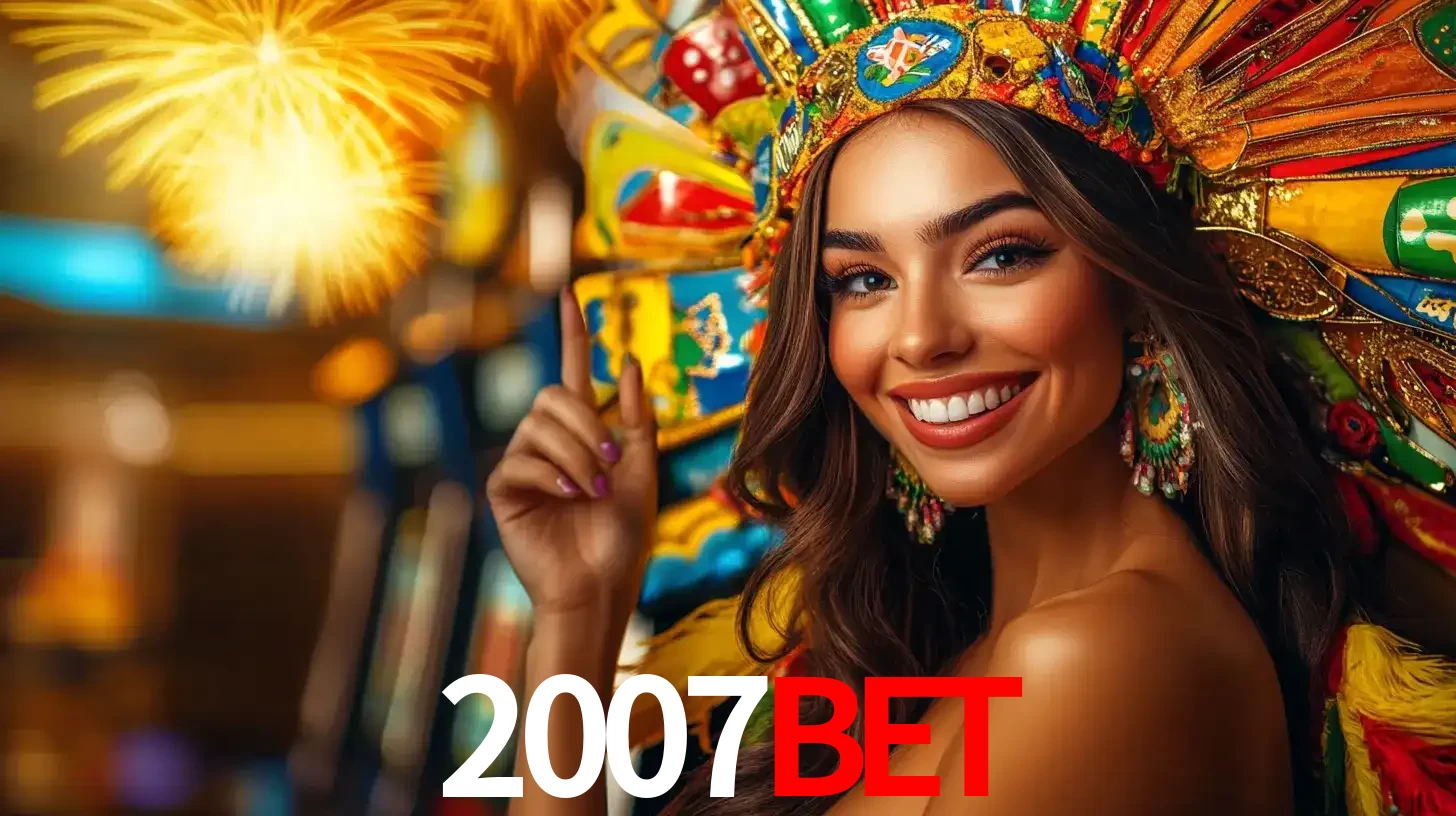 Mulher sorridente com um cocar de carnaval vibrante e colorido, celebrando uma grande vitória nos jogos do cassino 2007bet com fogos de artifício ao fundo.