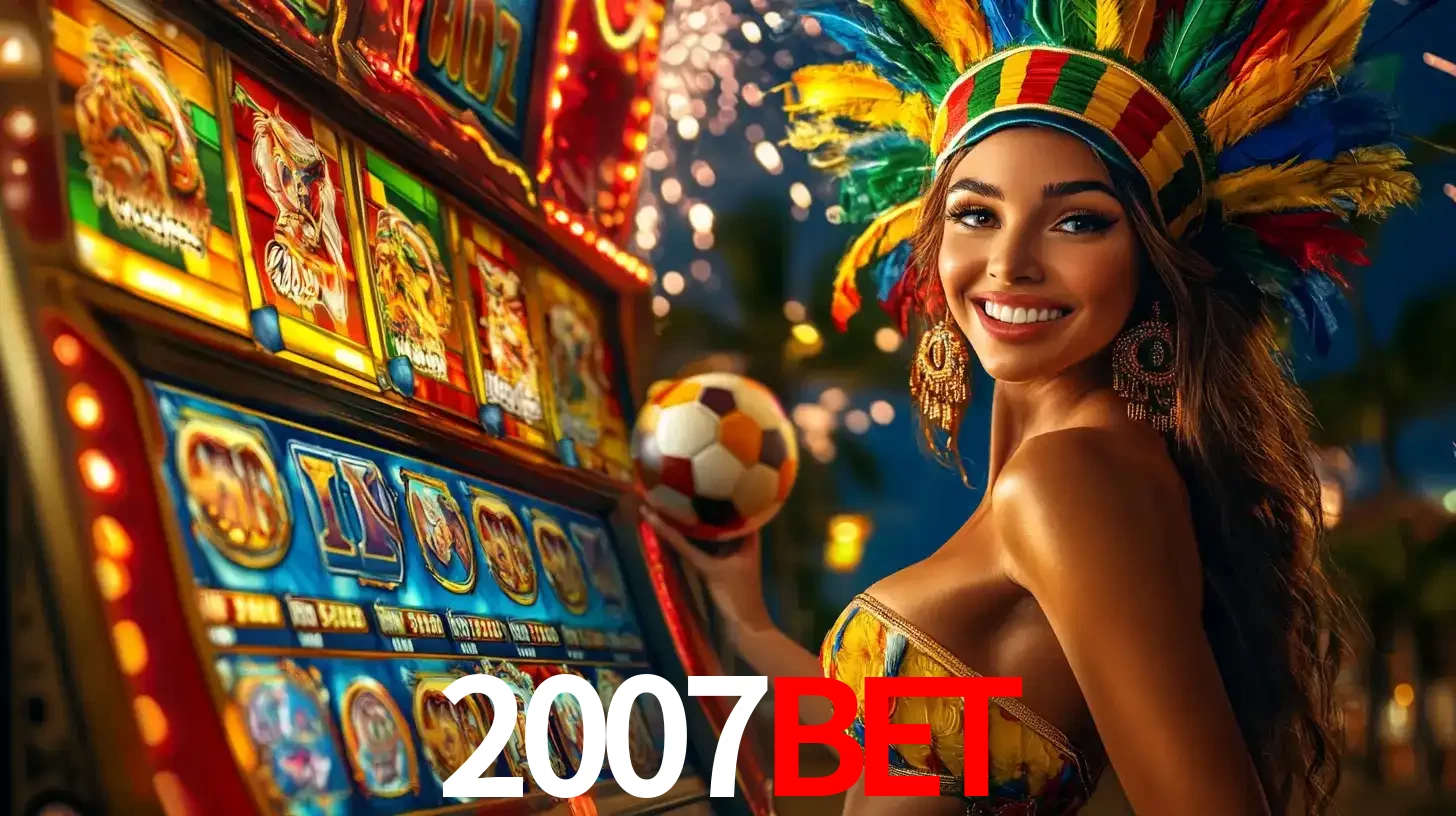 Mulher com um cocar de carnaval ao lado de uma máquina de caça-níqueis enquanto segura uma bola de futebol, mostrando a união da diversão de cassino e esportes no 2007bet.