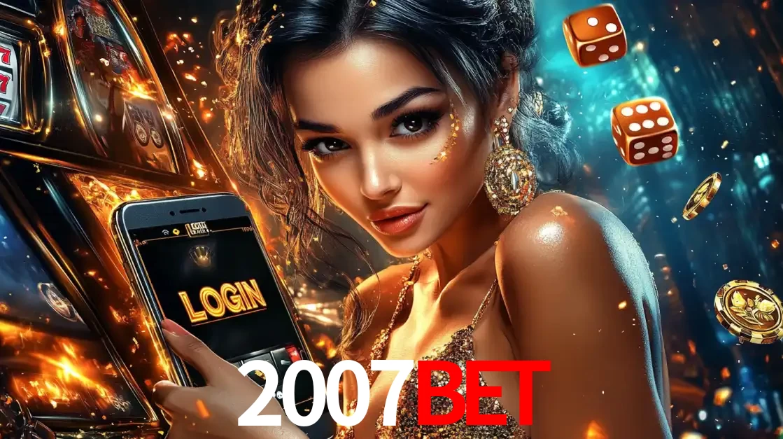 Mulher glamourosa segurando um celular com a tela de login do cassino 2007bet, rodeada por dados e moedas douradas, pronta para começar a diversão.