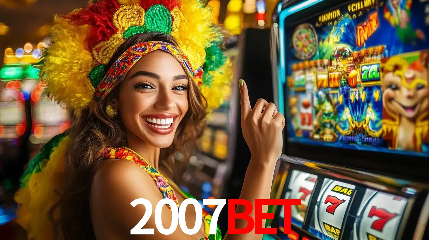 Mulher animada com um cocar de carnaval apontando para uma máquina de caça-níqueis, mostrando a emoção de ganhar um grande prêmio nos jogos do 2007bet.