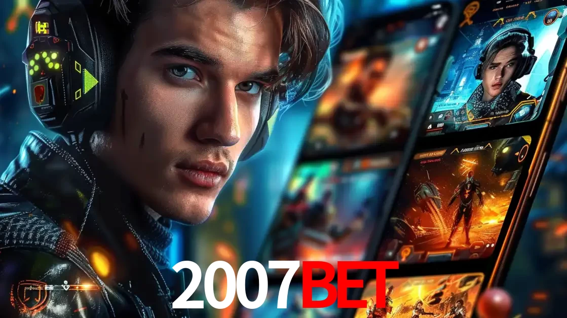 Jovem jogador com fones de ouvido olhando para a câmera, com um aplicativo de jogos e e-sports para celular ao fundo, pronto para a competição e apostas no 2007bet.