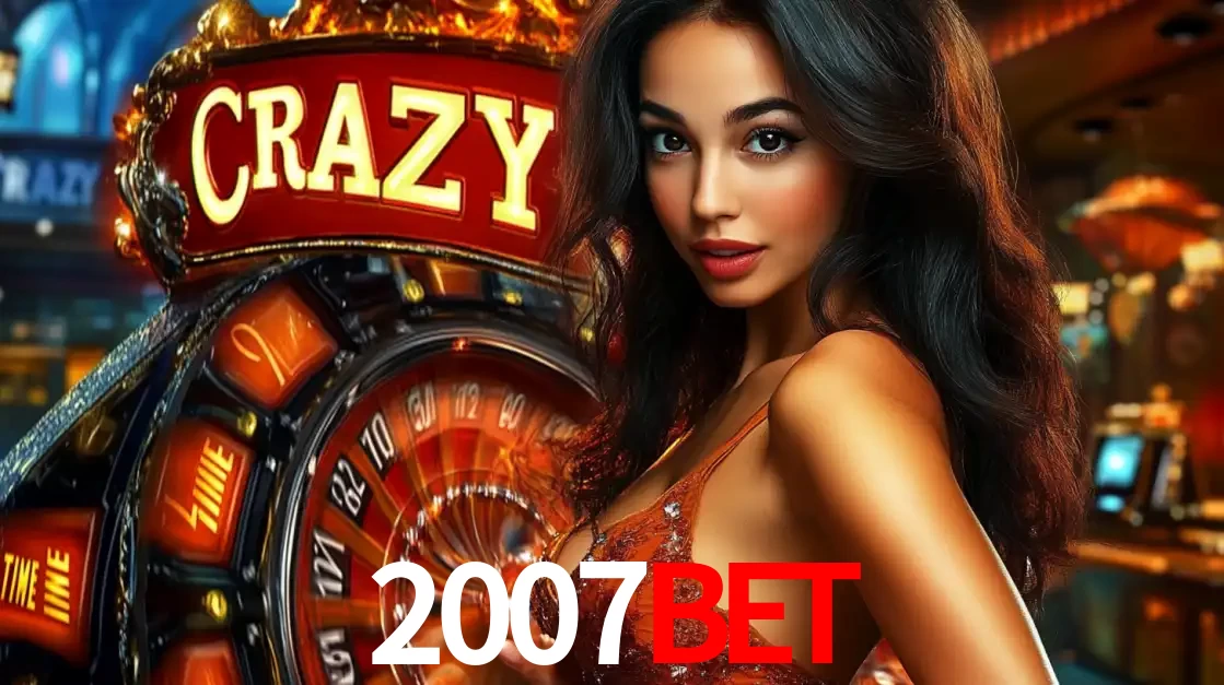 Mulher glamourosa olhando para a câmera com a roda vermelha do Crazy Time ao fundo em um ambiente de cassino, destacando a emoção dos jogos ao vivo no 2007bet.