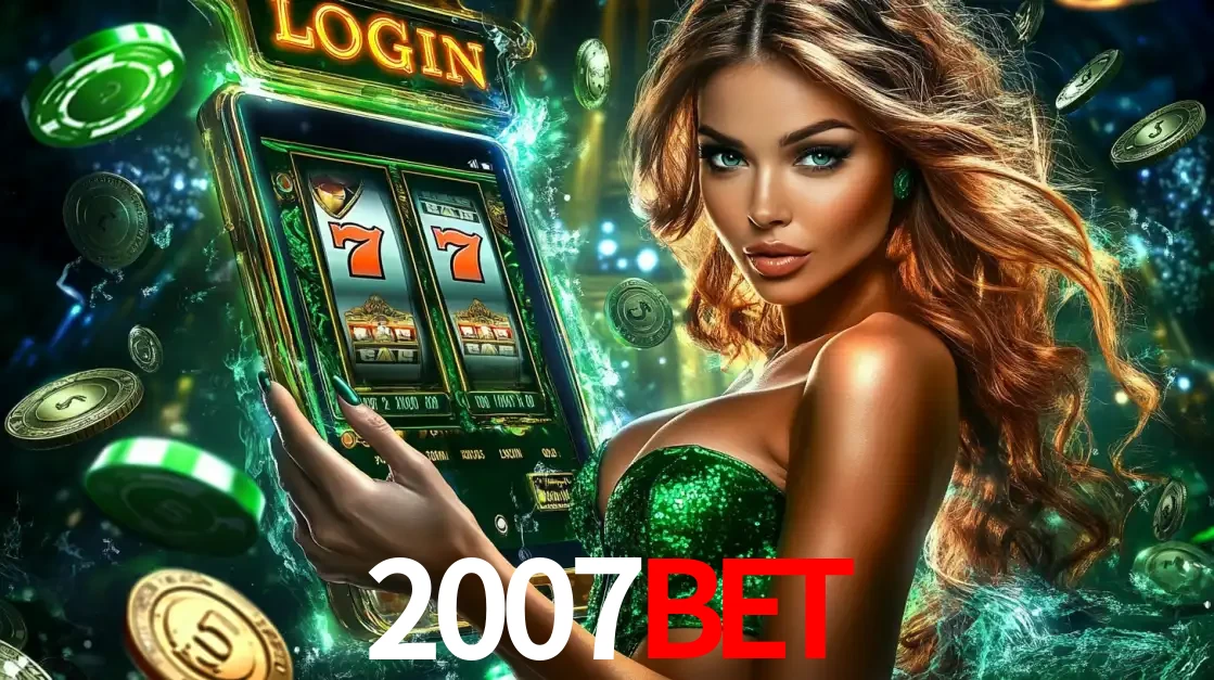 Mulher com tema verde apresentando o aplicativo do cassino 2007bet com um jogo de slot de 777, cercada por fichas de cassino e uma aura de sorte.