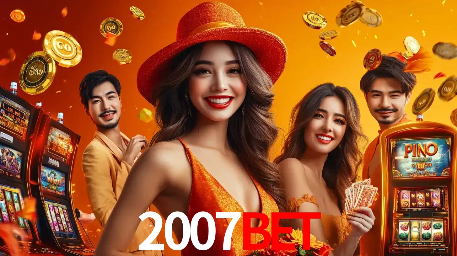 Grupo de amigos asiáticos sorrindo e se divertindo com máquinas de caça-níqueis em um ambiente festivo, celebrando suas vitórias nos jogos de cassino do 2007bet.
