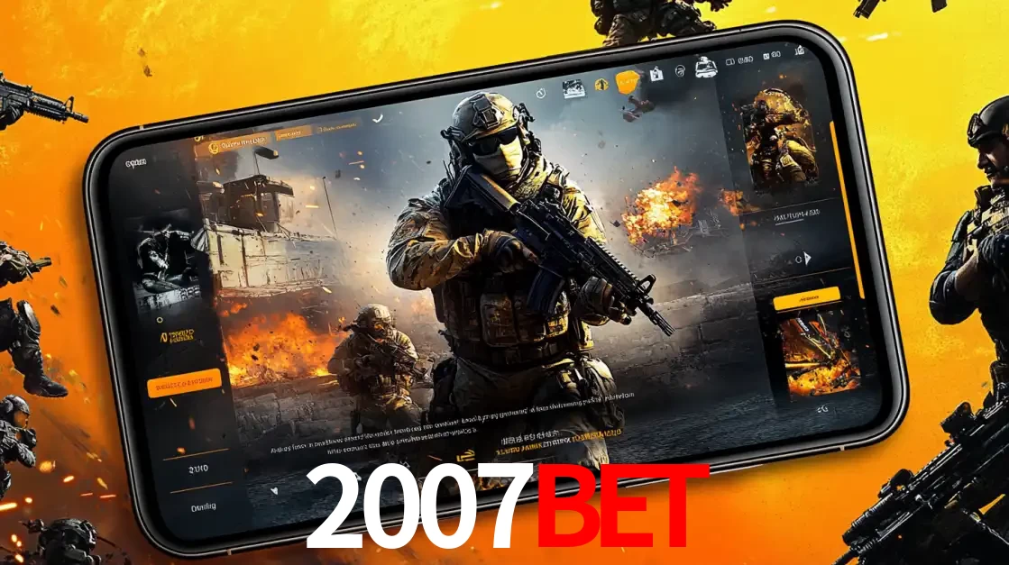 Um smartphone exibindo a interface de um jogo de tiro em primeira pessoa, com um soldado em um cenário de batalha, representando a ação dos e-sports para apostar no 2007bet.