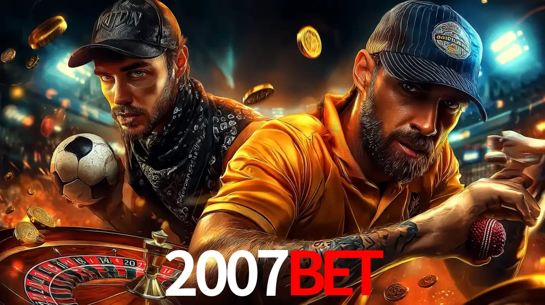 Montagem de apostas esportivas e cassino no 2007bet, com um homem segurando uma bola de futebol e outro uma de beisebol sobre uma roleta e moedas voadoras.