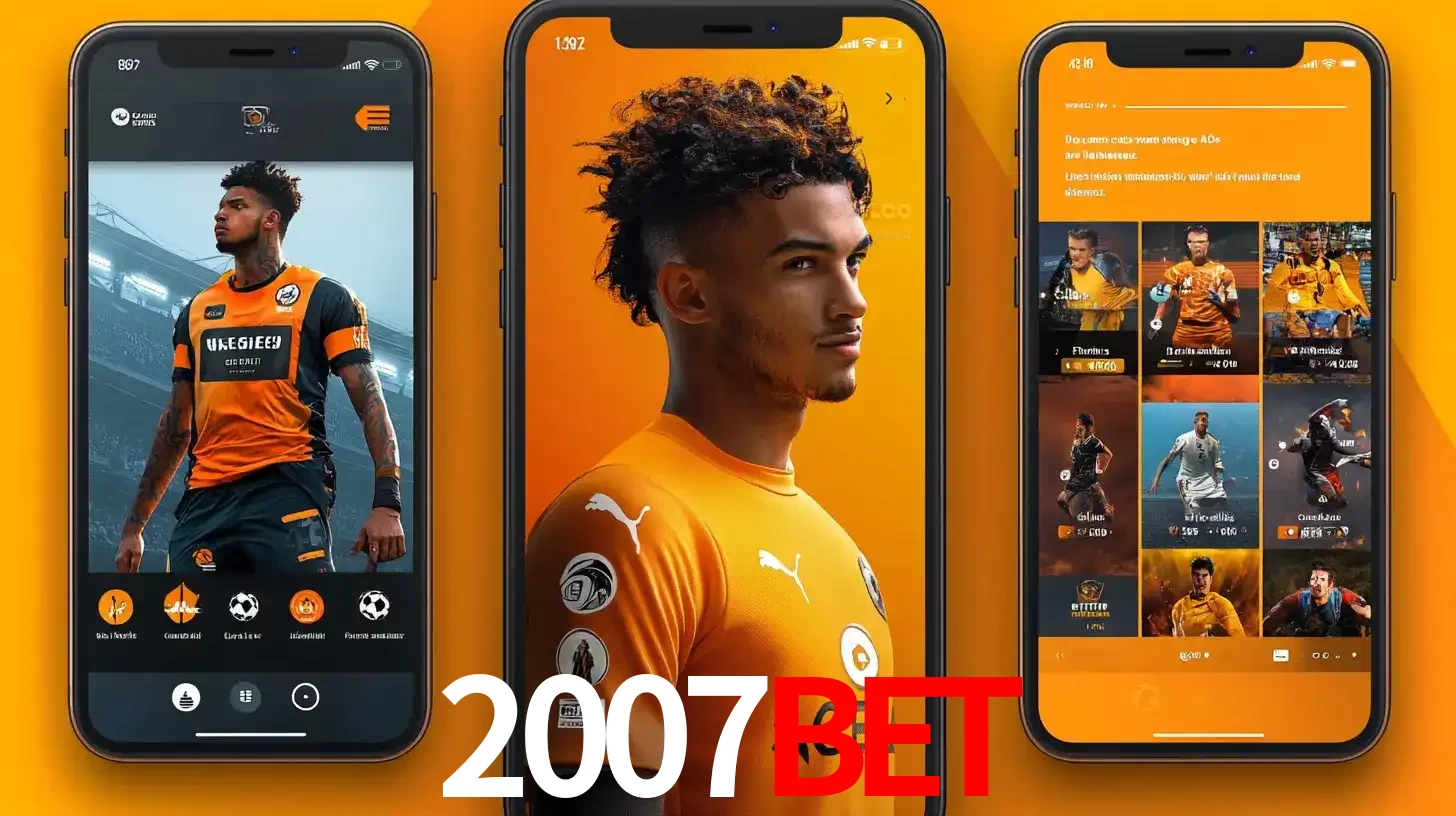 Interface do aplicativo de apostas esportivas 2007bet em três telas de celular, mostrando o perfil de um jogador de futebol e a lista de jogos disponíveis para apostar.