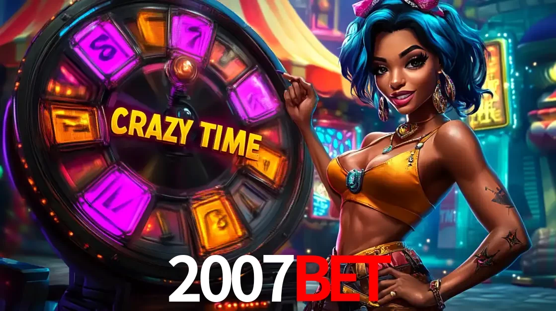 Mulher estilizada com cabelo azul e visual vibrante posando ao lado da roda de prêmios do game show Crazy Time, convidando para a diversão e os bônus do cassino 2007bet.