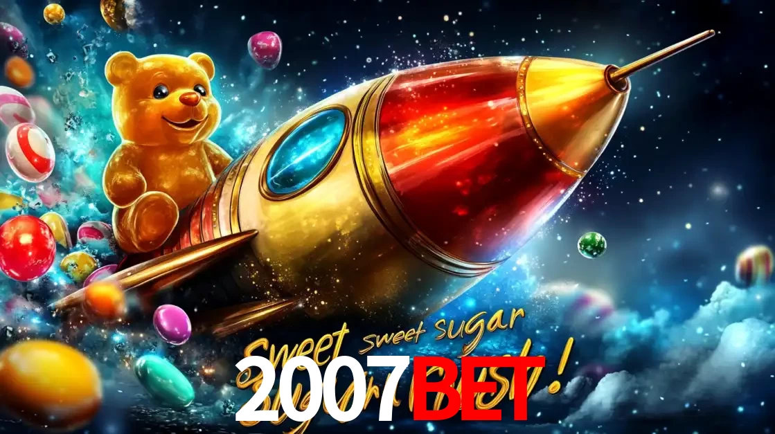 Arte promocional do jogo de slot Sugar Rush, com um urso de pelúcia em um foguete viajando pelo espaço de doces, um dos jogos divertidos disponíveis no cassino 2007bet.