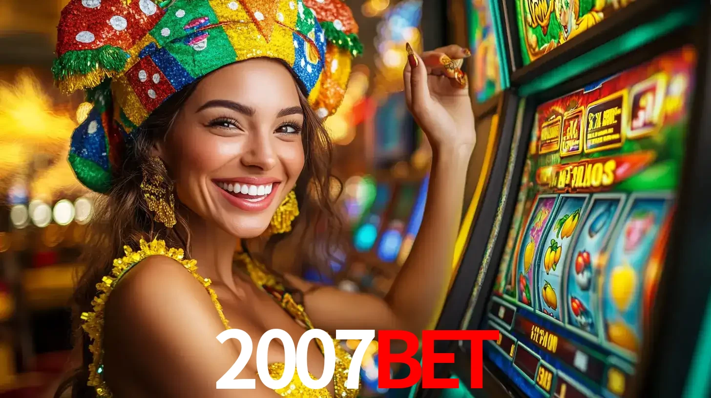 Mulher feliz com traje de carnaval amarelo e colorido ao lado de uma máquina de caça-níqueis, aproveitando a diversão e os jogos temáticos do cassino 2007bet.