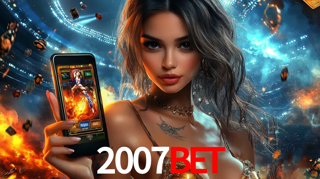 Mulher segurando um celular com um jogo de slot em destaque, tendo como fundo um estádio vibrante, simbolizando a emoção de jogar no cassino móvel 2007bet.