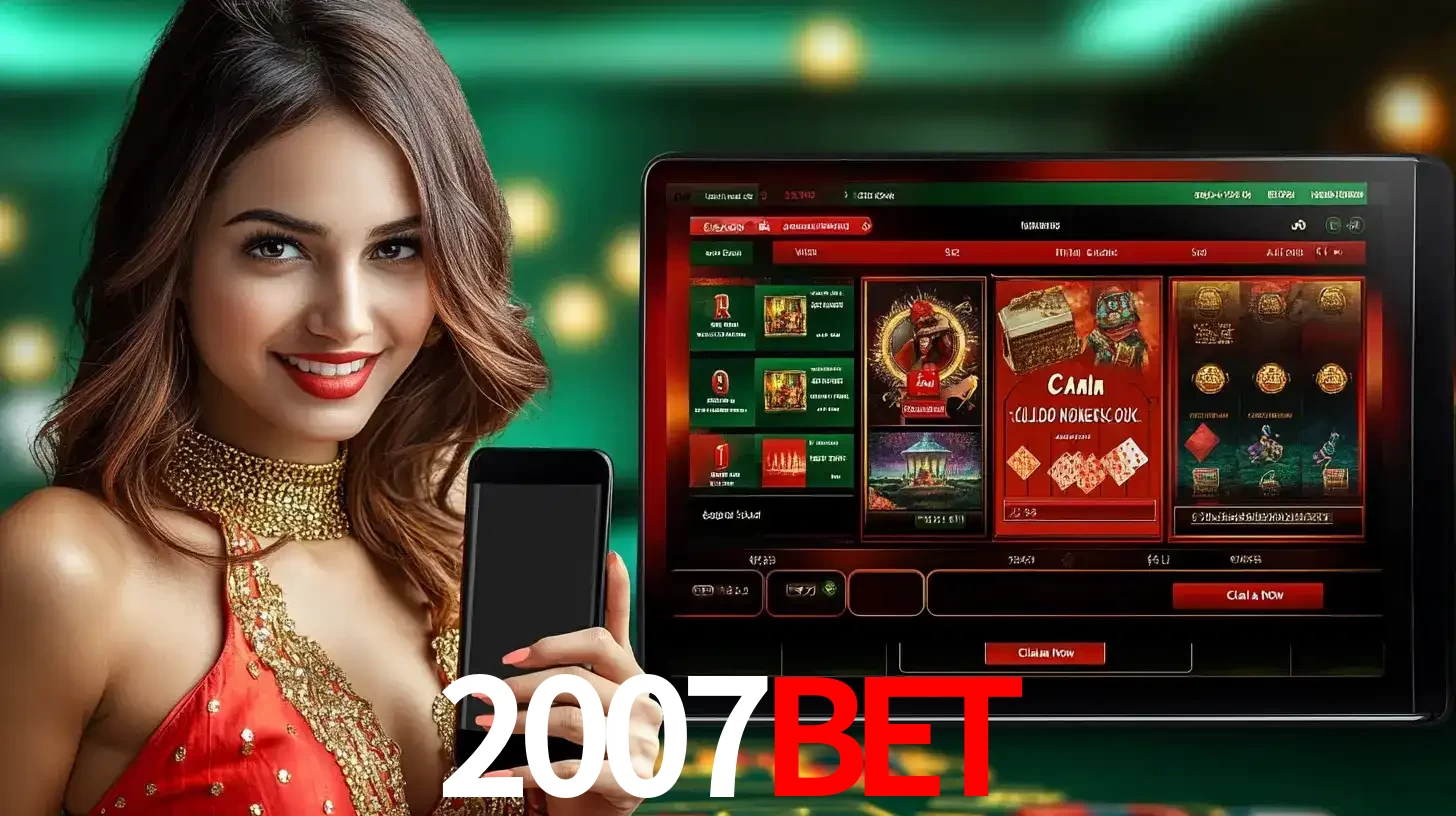 Mulher sorridente segurando um smartphone, ao lado de uma tela exibindo o lobby de jogos do cassino online 2007bet, com várias opções de jogos de cartas e slots.